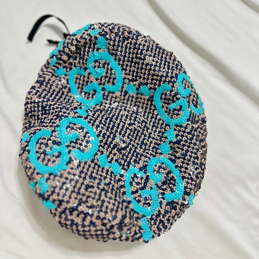 NWT Gucci Sequin Beret in Black and Teal genuine leather hem size M - Picture 9 of 9